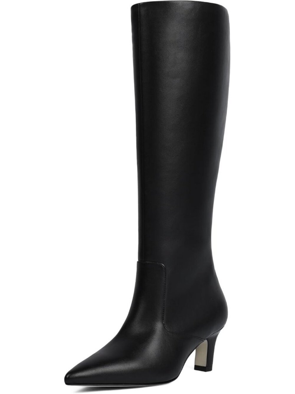 Women Pointed Toe Kitten Low Heel Faux Leather Long Boots Side Zipper Black Pu
